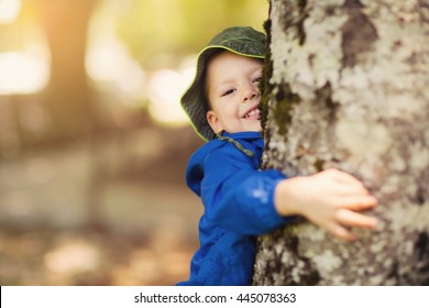 Little Boy Hugging A Tree