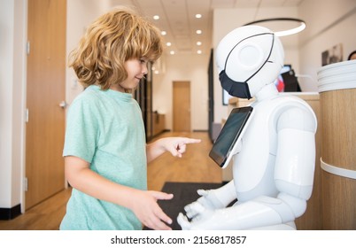 Little Boy Interact Robot Artificial Intelligence Stock Photo ...