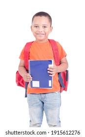 little boy isolated in white background at school