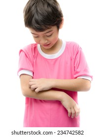 Little Boy Itchy His Arm On White Background