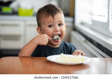 The Little Boy In The Kitchen Eagerly Eating Rice With A Spoon Independently