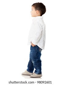 Little boy looking up - isolated over a white background
