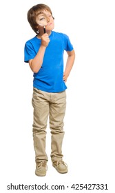 Little Boy With Magnifying Glass Isolated