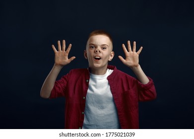 Little Boy Makes Face Leaning Against The Glass