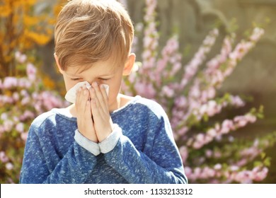 Little boy with nose wiper near blooming tree. Allergy concept