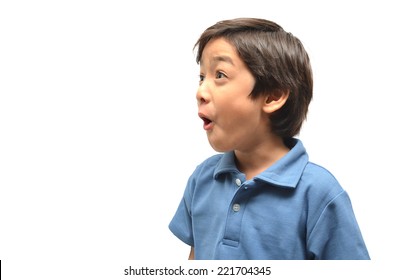 Little Boy Open Mouth Wide Surprise Face On White Background