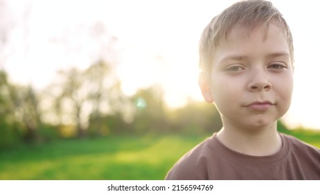 Little Boy Outdoor Portrait. Lifestyle Happy Family Kid A Dream Concept. Child Close-up In The Park In Nature Looking To The Side. Boy Kid Portrait In The Background Grass Park Forest