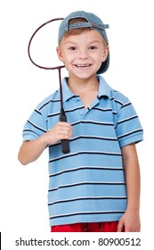 Little boy playing badminton - isolated on white background