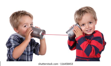 Little Boy Playing With Can Phone Connected By String, Concept For Talking To Yourself