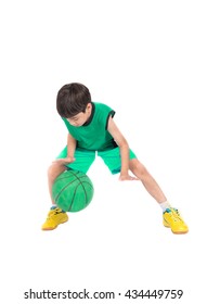 Little Boy Playing Green Basketball In Green PE Uniform Sport  With Clipping Path Isolate On White Background