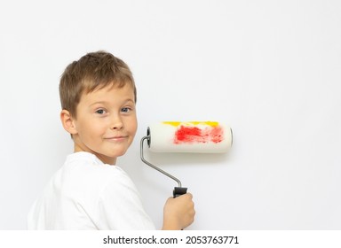 Little Boy Playing A Painter. Different Occupations. Isolated Over White.