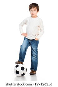 Little Boy Playing Soccer Ball Isolated On White