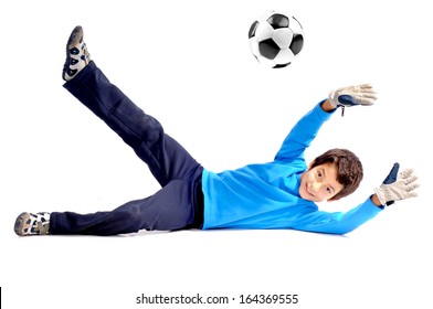 Little Boy Playing Soccer Isolated In White