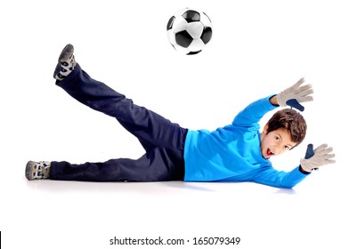 Little Boy Playing Soccer Isolated In White