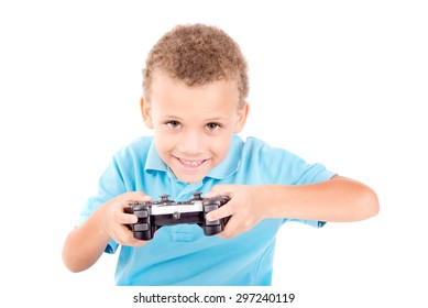 little boy playing videogames isolated in white