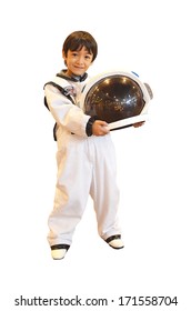 Little boy pretending an astronaut on white background