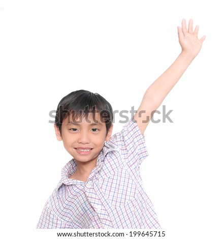 little boy raised his hands up on white background 
