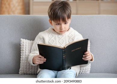 Little Boy Reading Bible At Home