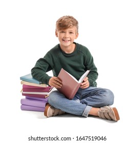 Little Boy Reading Book On White Background