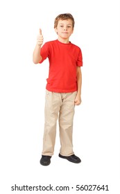 Little Boy In Red Shirt Standing On White Thumbs Up Gesture