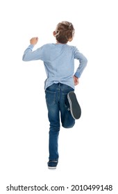 Little Boy Running On White Background, Back View