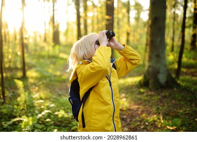 Little Boy Scout With Binoculars During Hiking In Autumn Forest. Child Is Looking With Binoculars. Concepts Of Adventure, Scouting And Hiking Tourism For Kids. Exploring Nature