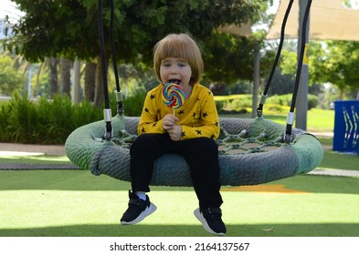 A Little Boy Sits On A Nest Swing And Eats A Colorful Lolipop. Child On The Playground