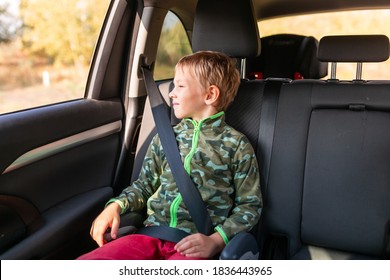 Little boy sitting on a booster seat buckled up in the car. Children's Car Seat Safety - Powered by Shutterstock