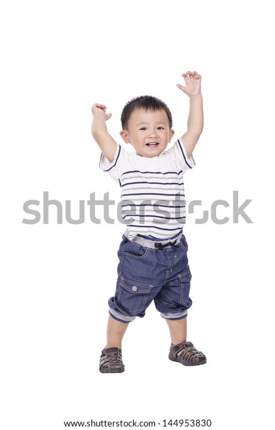 Little Boy Stand Raise Hands Stock Photo (Edit Now) 144953830