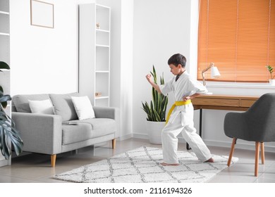 Little Boy Studying Karate Online At Home