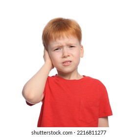 Little Boy Suffering From Ear Pain On White Background