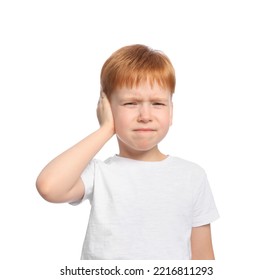 Little Boy Suffering From Ear Pain On White Background