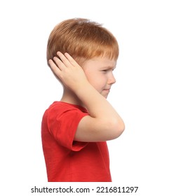 Little Boy Suffering From Ear Pain On White Background