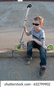 Little Boy With Sunglasses On A Scooter, Outdoor Activities, Tough Guy