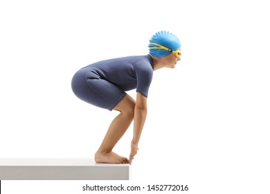 Little boy swimmer in a wetsuit on the start line isolated on white background  - Powered by Shutterstock