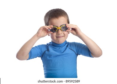 Little Boy In Swimming Clothes With Mask. On White Background