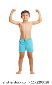 Little Boy In Swimwear Showing Muscles Isolated On Whute Background