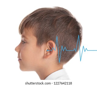 Little Boy With Symptom Of Hearing Loss On White Background. Medical Test