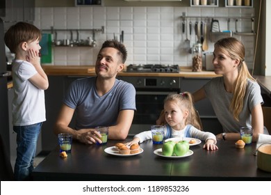 Little Boy Telling Story, Poems Standing On Chair At Breakfast, Mother, Father, Daughter Listening To Son, Brother, Happy Family Dine, Spending Time Together