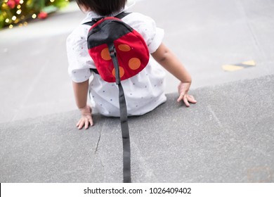 Little Boy Toddler Is Sitting In Shopping Mall He Wearing Kid Strapped On The Leash.