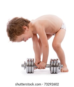 Little Boy Trying To Lift  Heavy Dumbbell, Isolated On White