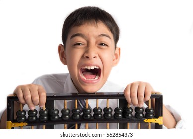 Little boy using abacus to study mathematics education class