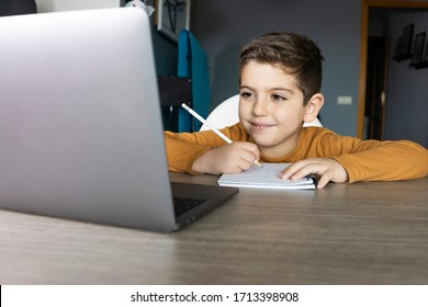Little boy in virtual class. School at home