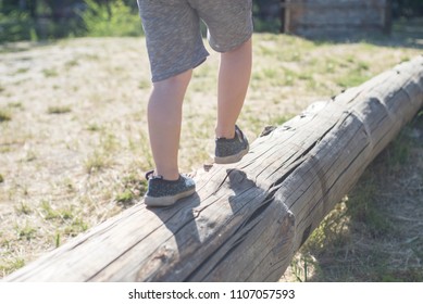 Little Boy Walking On A Log In The Park. Child On The Balance Beam