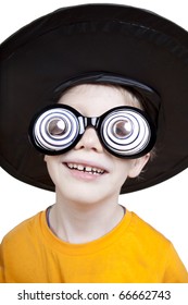 Little Boy Wearing Funny Magic Hat And Silly Glasses