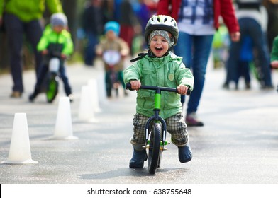 Little Boy Wins In A Race On A Balance Bike