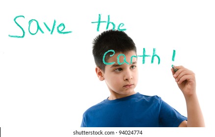 Little Boy Writing Save The Earth On Glass.