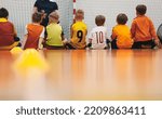 Little boys at class with young physical education teacher. Happy kids at school sports hall. Children at sports training practice