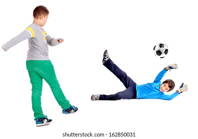 Little Boys Playing Soccer Isolated In White