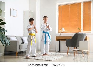 Little Boys Studying Karate Online At Home